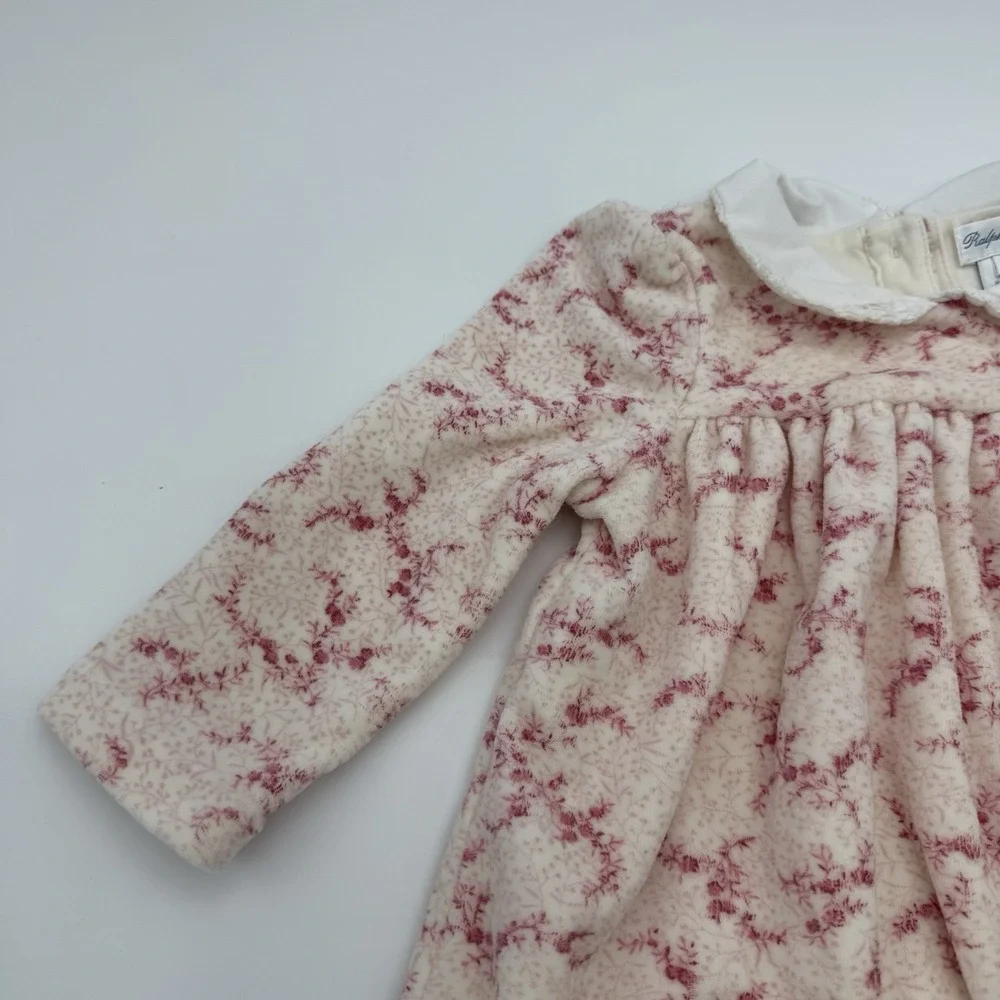 Ralph‎ Lauren 9 Months Baby Girl Pink Velvet Floral Dress Collar Soft 90% Cotton